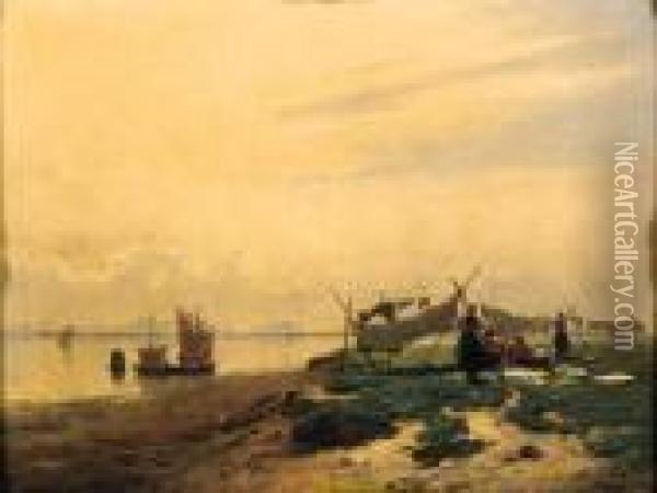Vita Costiera Con Barche E Pescatori (1869-1870) Oil Painting - Guglielmo Ciardi