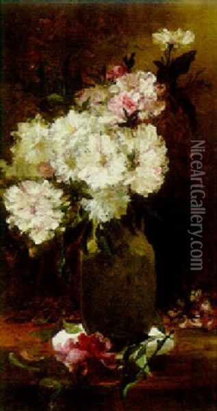 Pink And White Flowers On A Table Oil Painting - Alfred Roudy