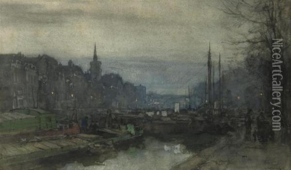 A Canal In Rotterdam At Dusk Oil Painting - Johann Hendrik Van Mastenbroek