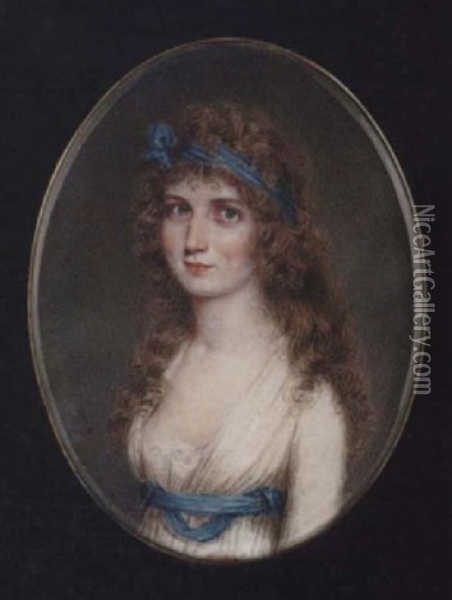 A Young Lady With Blue Bandeau In Her Long Hair, Wearing Decollete White Dress With Lace Underslip And Blue Ribbon Waistband Oil Painting - Samuel Andrews