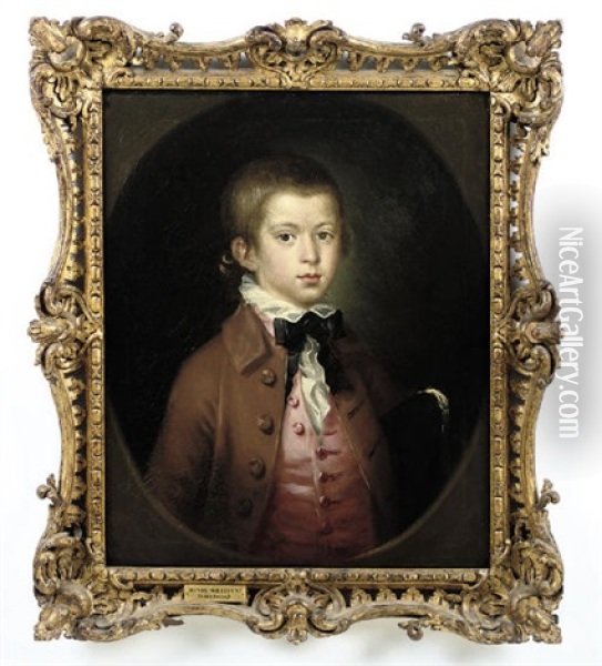 Portrait Of Henry Willement In A Brown Coat And A Pink Waistcoat, A Tricorn Under His Arm Oil Painting - Benjamin Wilson