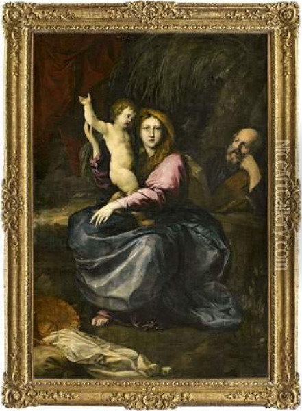 La Sainte Famille Au Palmier. Oil Painting - Pierre Puget
