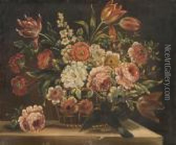 Bouquets De Fleurs Sur Des Entablements Oil Painting - Jean-Baptiste Monnoyer