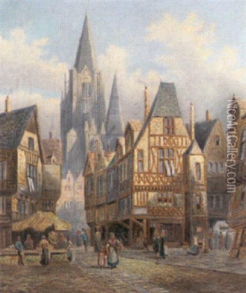 A French Market Scene Oil Painting - Thomas Matthews Rooke