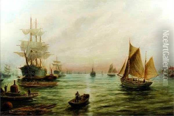 Shipping Scene With Fishing Boats And Steamer At Harbour Mouth Oil Painting - Bernard Benedict Hemy