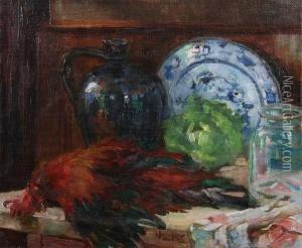 Still Life With Delft Plate, Cabbage, Jug And Fowl Oil Painting - Jacques Sternfeld