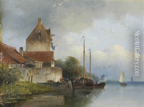 A Peaceful Day On The Estuary Oil Painting - Jan Hendrik Willem Hoedt