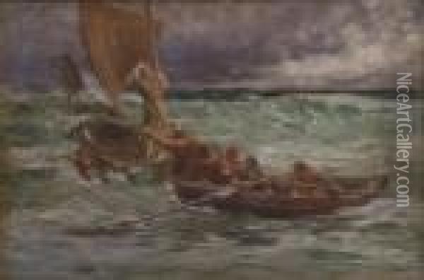 St Columba Leaving Ireland For Iona Signed 15.5 X 23.25in Oil Painting - Francis S. Walker