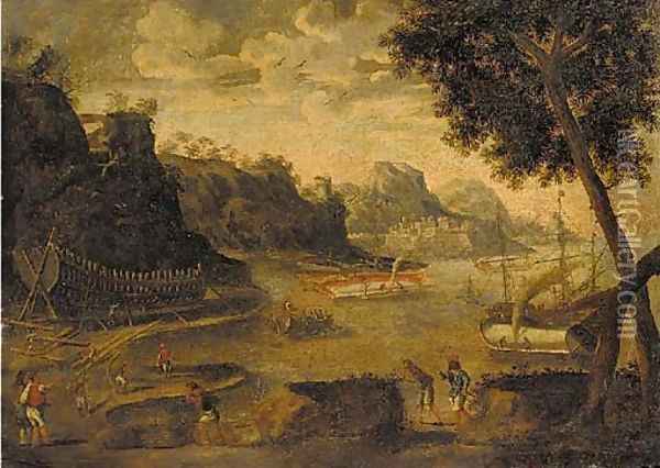 A harbour landscape with shipwrights working in a yard, a fortress and mountains beyond Oil Painting - Agostino Tassi