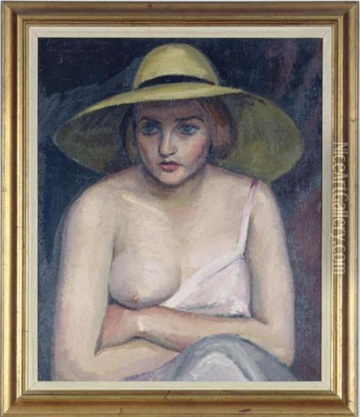 A Seated Woman With A Yellow Hat Oil Painting - Jean Hippolyte Marchand