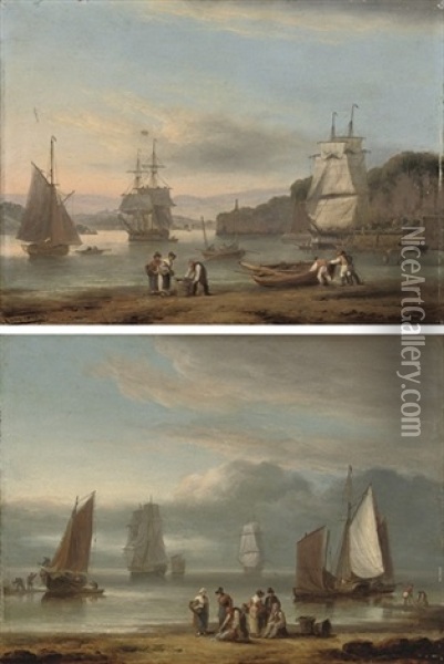 Teignmouth Harbour At Low Tide (+ Sorting The Catch On The Foreshore; Pair) Oil Painting - Thomas Luny