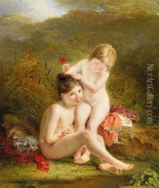 Zwei Schwestern Am Ufer Oil Painting - Louis Edouard Rioult