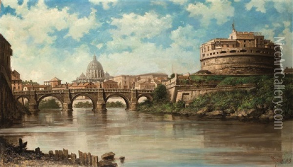 Veduta Di Ponte Sant'angelo Con Castel Sant'angelo Da Tor Di Nona Oil Painting - Francesco Paolo Parisi