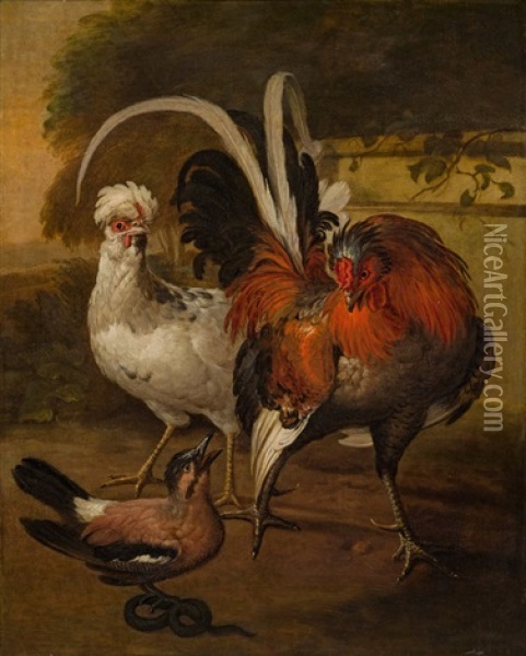 Hahn, Henne Und Eichelhaher Mit Wurm Oil Painting - Melchior de Hondecoeter
