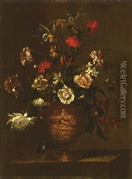 Blumenstrauss Mit Roten Nelken In Einer Reliefierten Tonvase Oil Painting - Juan De Arellano