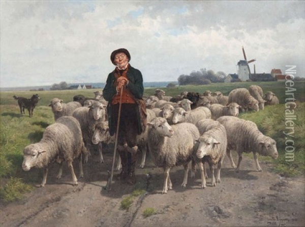 Berger Aux Moutons Oil Painting - Cornelis van Leemputten