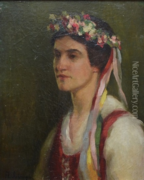 Portrait Of A Young Girl In A Ukrainian Costume Oil Painting - Petr Alekseevich Levchenko