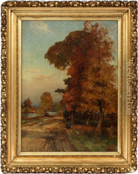 Fall Landscape With Figure On A Road Oil Painting - Mathias Joseph Alten