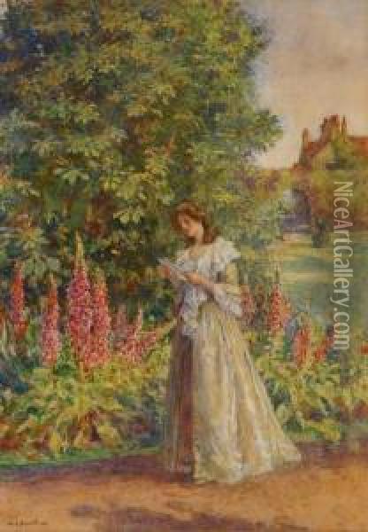Lady In A Garden Oil Painting - William James Bennett