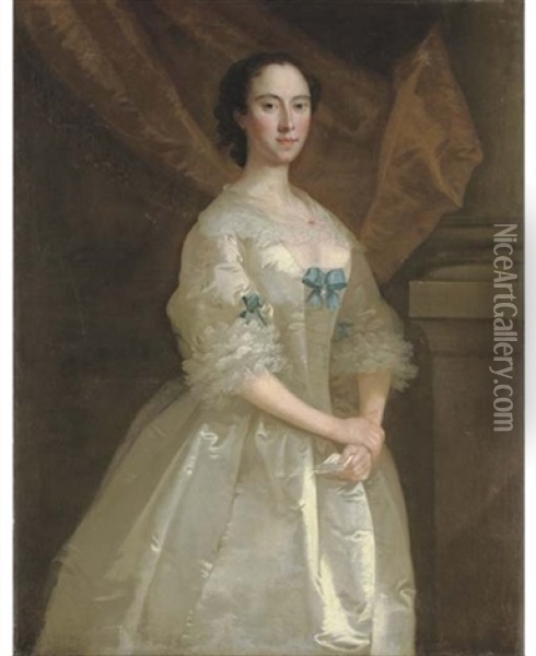 Portrait Of Miss Elizabeth Purley In A White Dress With Blue Ribbons, Holding A Letter In Her Left Hand Oil Painting - Joseph Highmore
