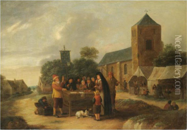 A Village Fair With A Quack Doctor Entertaining A Crowd Oil Painting - Bartholomeus Molenaer