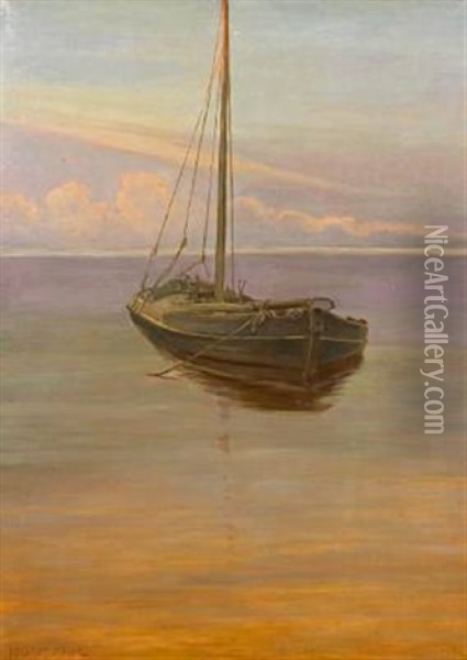 A Small Sailing Ship At Anchor Oil Painting - Louis Maria Niels Peder Halling Moe