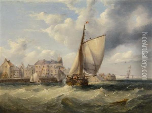 Fishing Vessels Off A Coastal Town Oil Painting - Henry Redmore