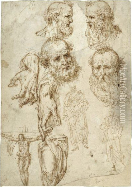 A Sheet Of Studies Including Heads, Hands And Figures Oil Painting - Aurelio Luini