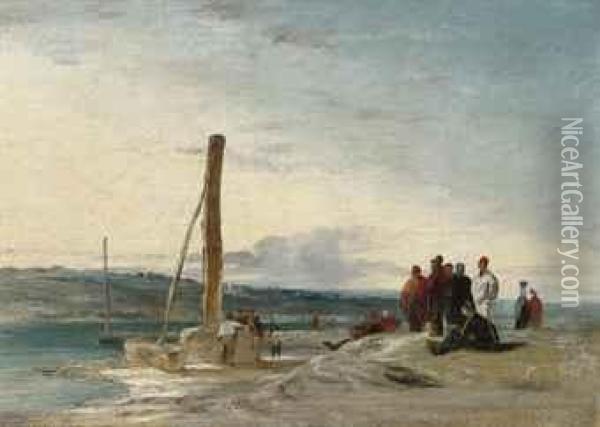 Figures On A Beach, Low-tide Oil Painting - Richard Parkes Bonington