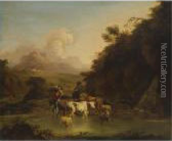 A Drover Passing Through A Stream With His Cattle Accompanied By A Peasant Woman Oil Painting - Nicolaes Berchem