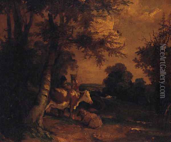 Figures with Cattle and Sheep in a wooded Landscape Oil Painting - George Morland
