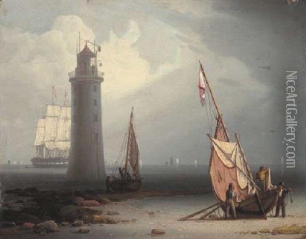 Mending Sails On The Shore At The Perch Lighthouse, New Brighton, At The Entrance To The River Mersey Oil Painting - Robert Salmon