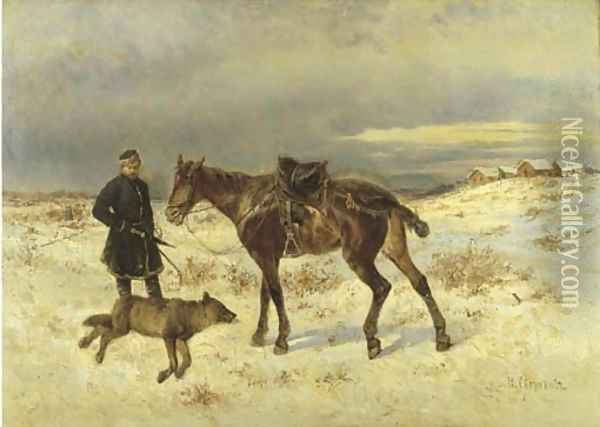 A mounted huntsman with a fallen wolf Oil Painting - Nikolai Egorovich Sverchkov