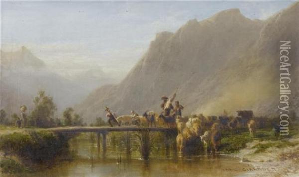 Flock Of Sheep On A Bridge. Oil Painting - Karl Girardet