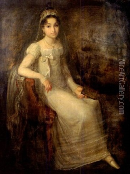 Portrait De Jeune Femme En Robe Blanche Oil Painting - Louis Benjamin Marie Devouges