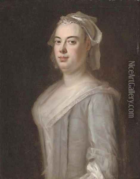 Portrait of a lady, half-length, in a grey dress with a white cap Oil Painting - Richardson. Jonathan