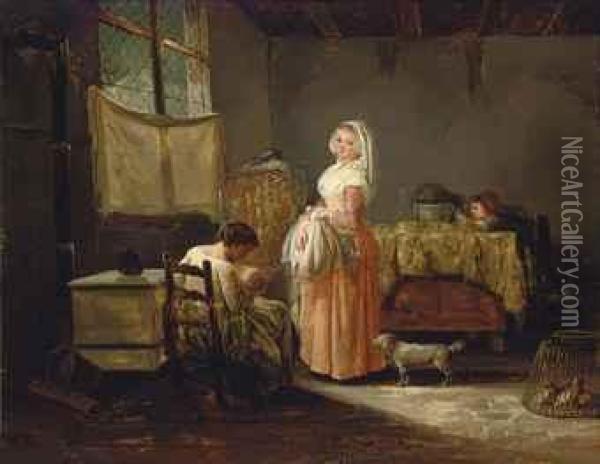 Women And Children In A Kitchen Interior Oil Painting - Marc-Antoine Bilcoq