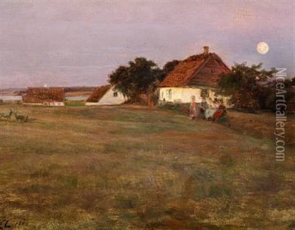 Children In A Field On A Summer Evening At Full Moon Oil Painting - Knud Erik Larsen