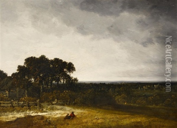 Weite Baumbestandene Landschaft Mit Personen Am Waldrand Oil Painting - Georges Michel