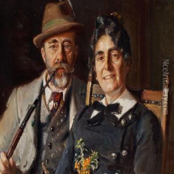 Double Portrait Of Manufacturer Sodring And His Wife Oil Painting - Michael Ancher