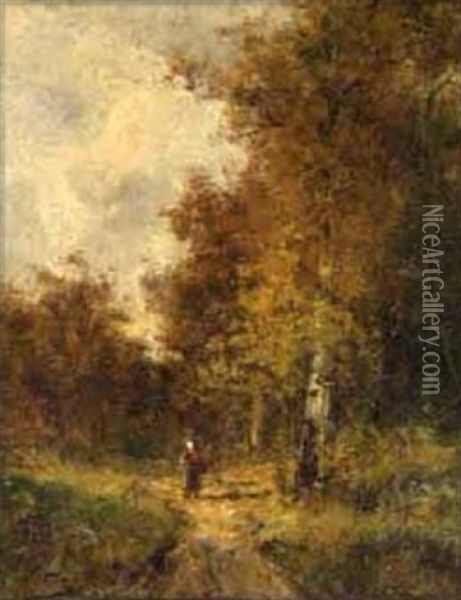 Figure Walking On A Country Path In A Wooded Autumn Landscape Oil Painting - Carlo Vittori