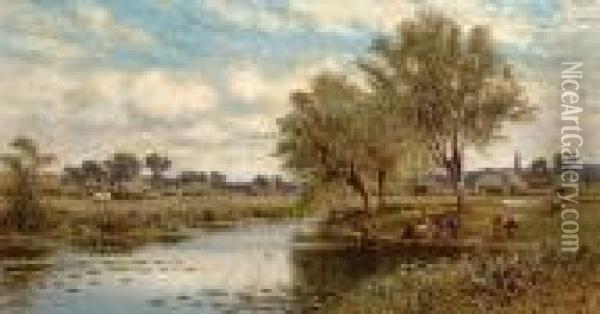 River Landscape With Haymakers Oil Painting - Alfred Augustus Glendening
