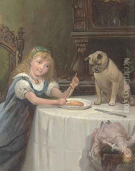 Dinner companions, a young girl with her pug Oil Painting - Alexander Rosell