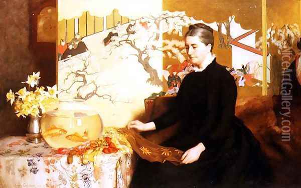 Lady With Japanese Screen and Goldfish (Portrait of the Artist's Mother) Oil Painting - James Cadenhead
