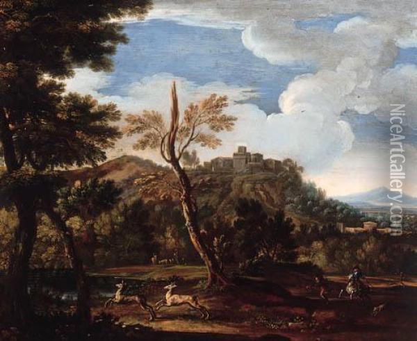 An Extensive Landscape With A Deer Hunt Oil Painting - Jan Wyck