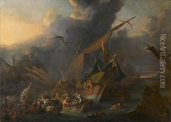 A Naval Battle Between Turks And Christians, Probably Lepanto Oil Painting - Johannes Lingelbach
