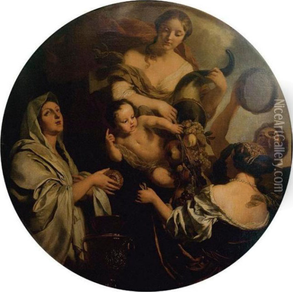 Allegory With An Infant 
Surrounded By Women, One With A Cornucopia (the Nurture Of Jupiter) Oil Painting - Gerard de Lairesse