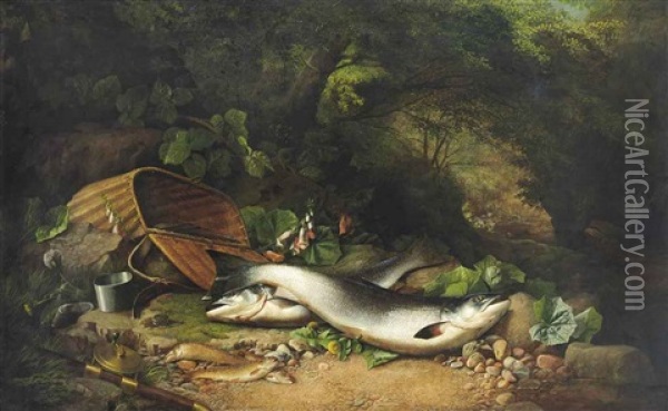 Salmon And Trout On A Riverbank Oil Painting - John Bucknell Russell