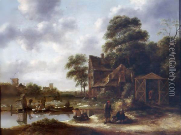 Figures In A Landscape With A Bleaching Field Oil Painting - Claes Molenaar (see Molenaer)