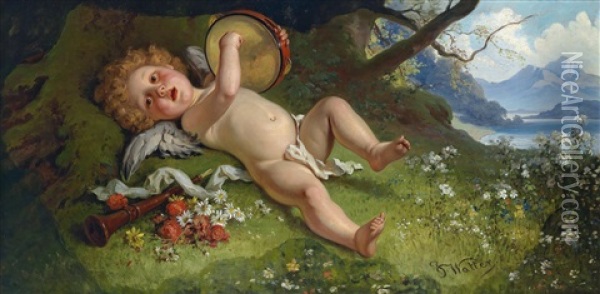 Tamburin Spielender Cupid Oil Painting - Joseph Watter